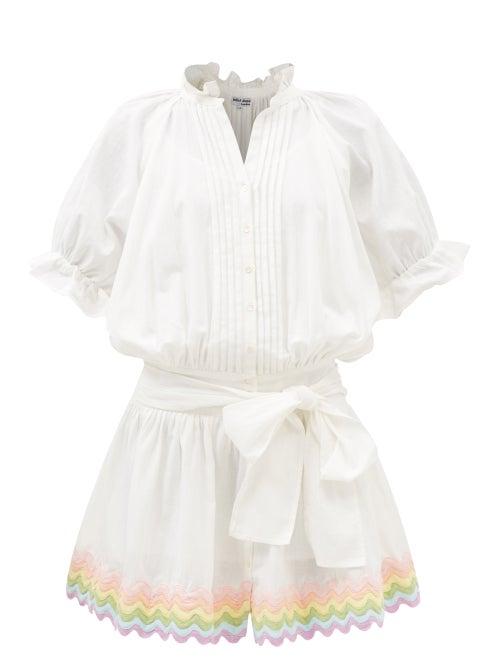 Juliet Dunn - Rainbow-ricrac Gathered Cotton-voile Dress - Womens - White Multi