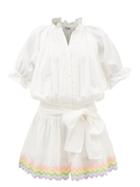 Juliet Dunn - Rainbow-ricrac Gathered Cotton-voile Dress - Womens - White Multi
