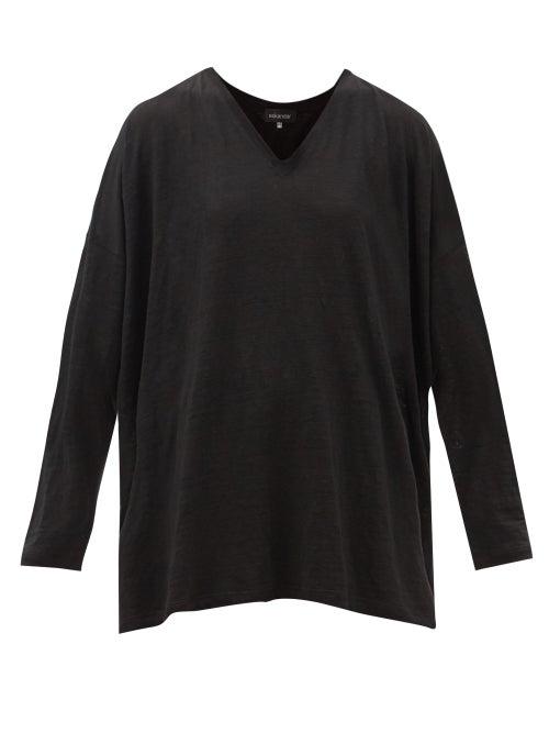 Eskandar - V-neckline Linen Long-sleeved T-shirt - Womens - Black