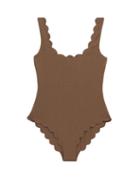 Matchesfashion.com Marysia - Palm Springs Scalloped-edged Swimsuit - Womens - Dark Brown