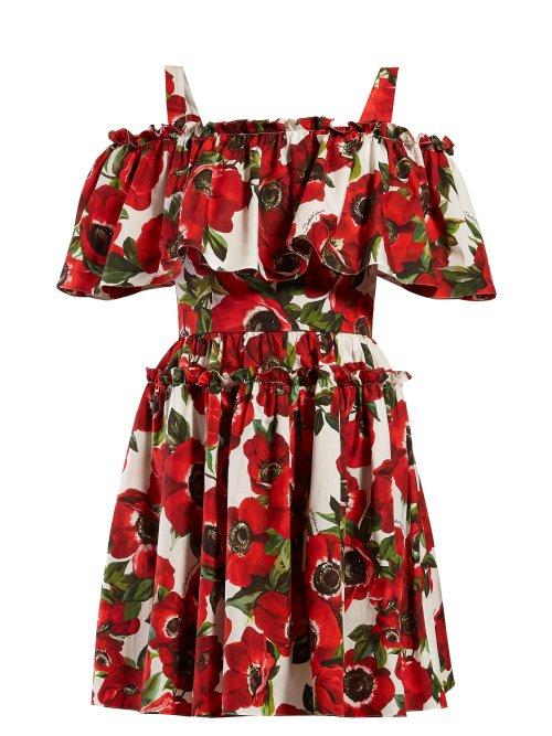 Matchesfashion.com Dolce & Gabbana - Anenome Print Ruffled Midi Dress - Womens - White Multi