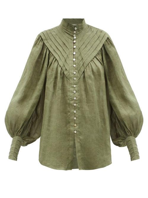 Ale Mais - Halcyon Tucked Ramie Blouse - Womens - Khaki
