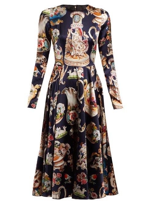 Matchesfashion.com Dolce & Gabbana - Porcelain Angels Print Satin Dress - Womens - Navy Print