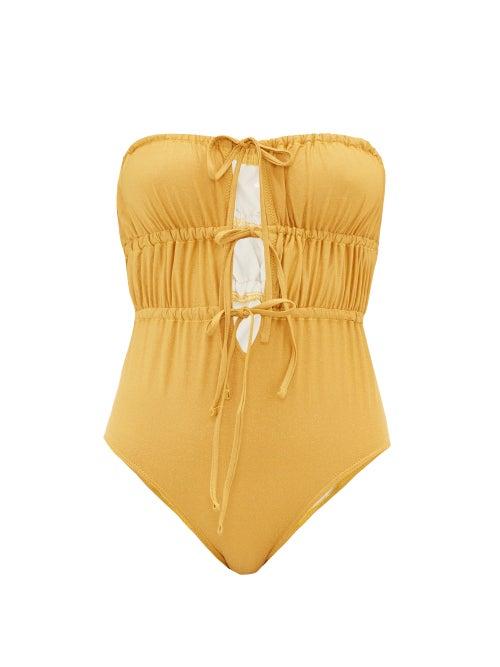 Matchesfashion.com Solid & Striped - The Paula Ruched Lam Swimsuit - Womens - Gold