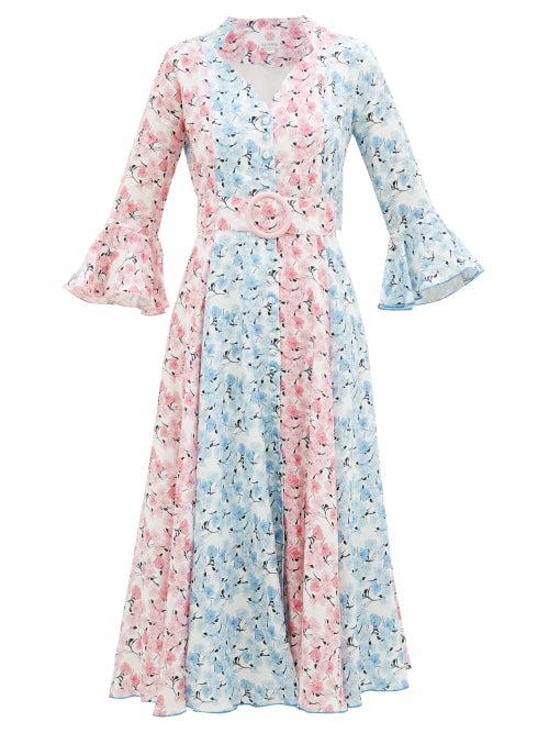 Matchesfashion.com Gl Hrgel - Belted Floral-print Linen Midi Dress - Womens - Blue Multi