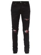 Matchesfashion.com Amiri - Mx1 Printed-patch Distressed Slim-leg Jeans - Mens - Black