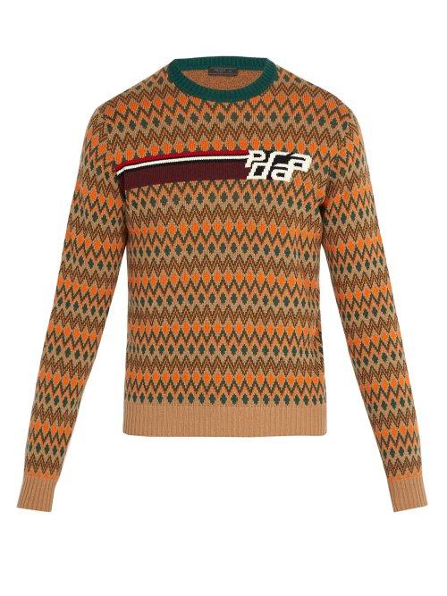 Matchesfashion.com Prada - Intarsia Logo Wool And Cashmere Blend Sweater - Mens - Green Multi