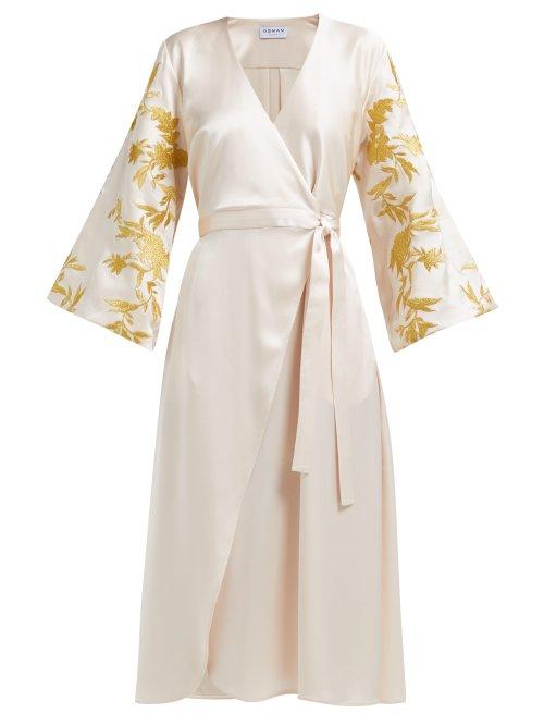 Matchesfashion.com Osman - Floral Embroidered Satin Wrap Dress - Womens - Ivory Multi
