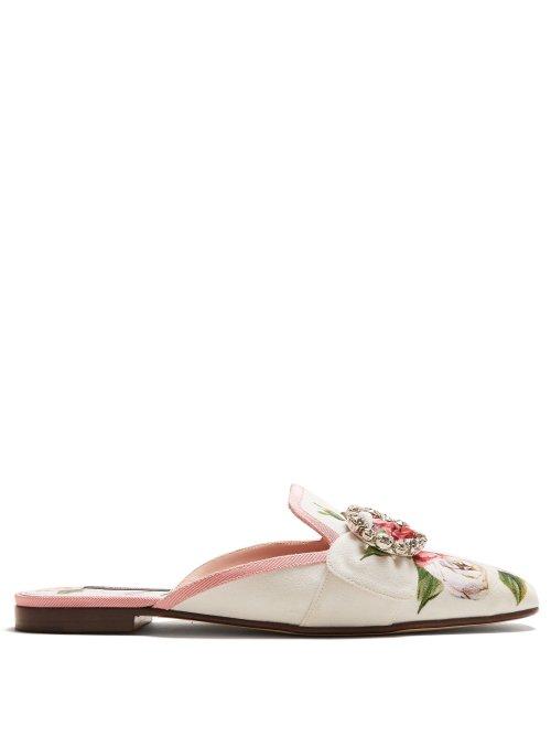 Matchesfashion.com Dolce & Gabbana - Crystal Embellished Floral Print Loafers - Womens - White Multi