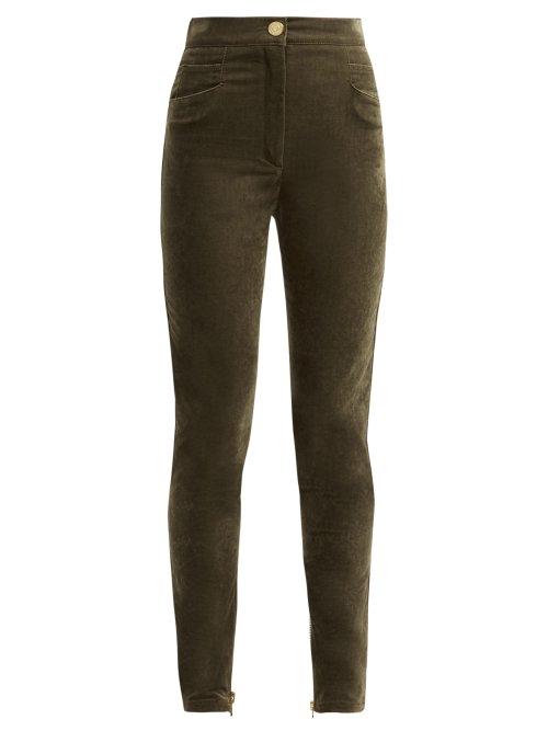 Matchesfashion.com Balmain - High Rise Velvet Trousers - Womens - Khaki
