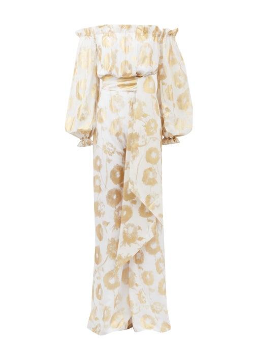 Matchesfashion.com Halpern - Metallic-print Off-the-shoulder Cotton Jumpsuit - Womens - White Gold