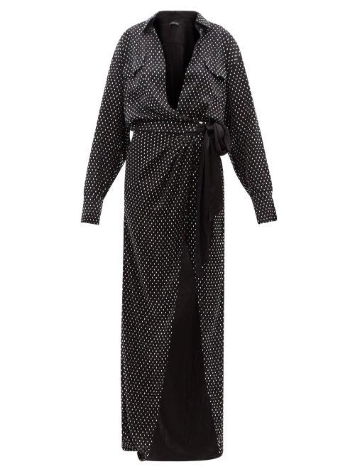 Ladies Rtw David Koma - Plunge-neck Crystal-embellished Satin Wrap Dress - Womens - Black Silver