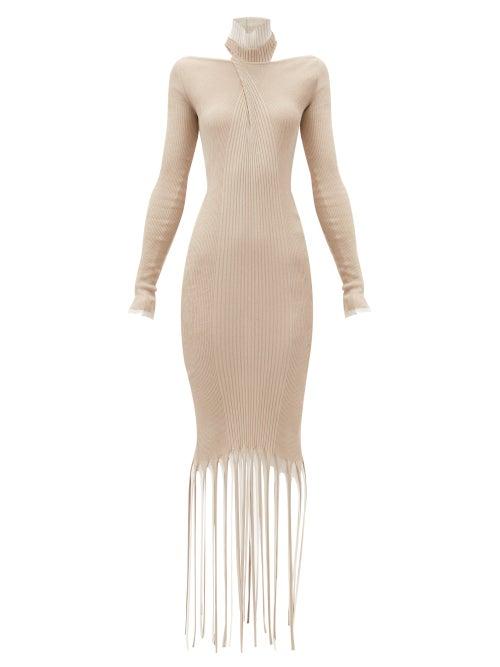 Matchesfashion.com Bottega Veneta - High-neck Fringed Cotton-blend Knitted Dress - Womens - Beige Multi