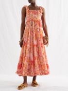 Zimmermann - Tiered Floral-print Chiffon Dress - Womens - Coral Multi