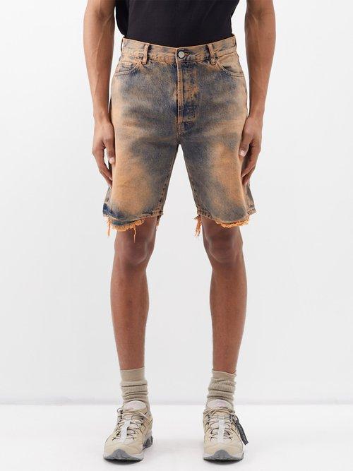 Aries - Logo-print Acid Wash Denim Shorts - Mens - Peach