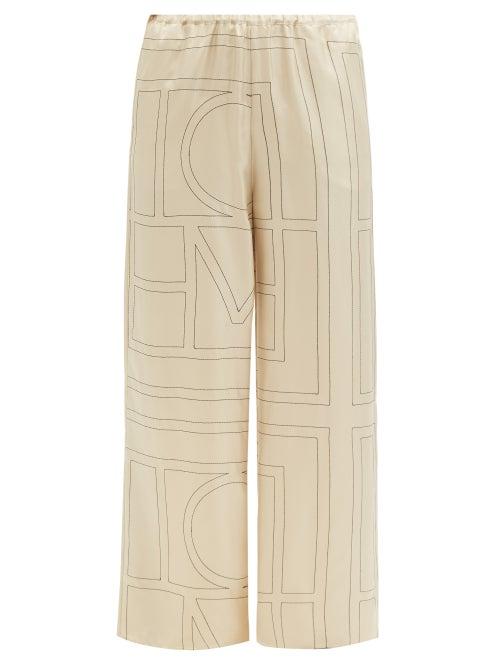 Ladies Rtw Totme - Monogram-embroidered Silk-twill Pyjama Trousers - Womens - Cream