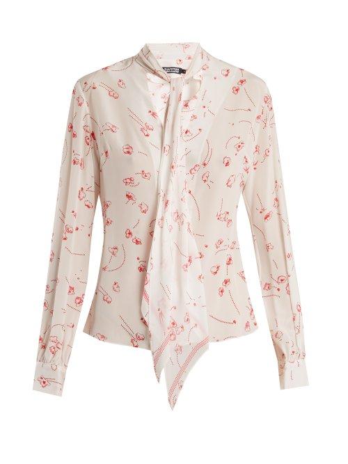 Matchesfashion.com Rockins - Popcorn Print Pussy Bow Silk Shirt - Womens - White Print