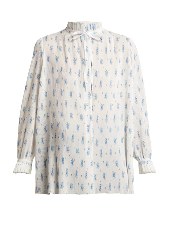 Balenciaga Ruffled Tie-neck Floral-print Pliss Blouse