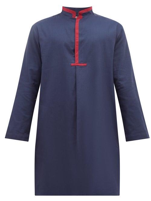 Matchesfashion.com P. Le Moult - Herringbone Jacquard Stripe Cotton Pyjama Shirt - Mens - Navy