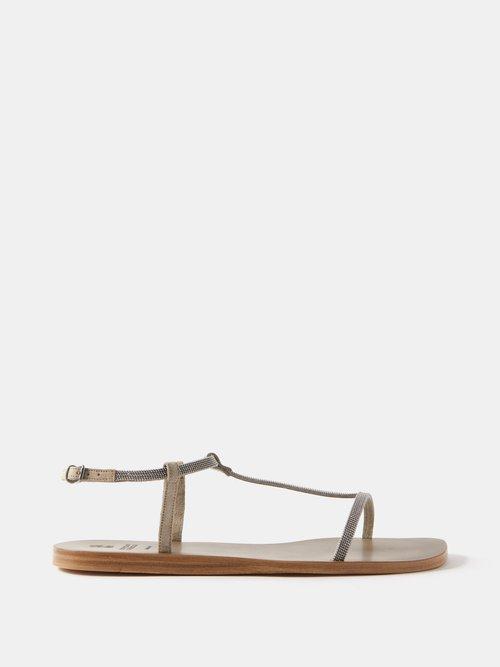 Brunello Cucinelli - Bead-embellished Leather Flat Sandals - Womens - Beige