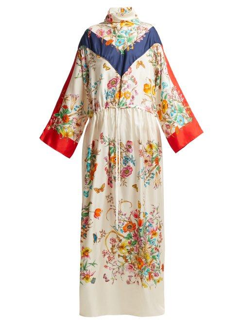 Matchesfashion.com Gucci - Floral Print Tie Waist Silk Dress - Womens - White Print