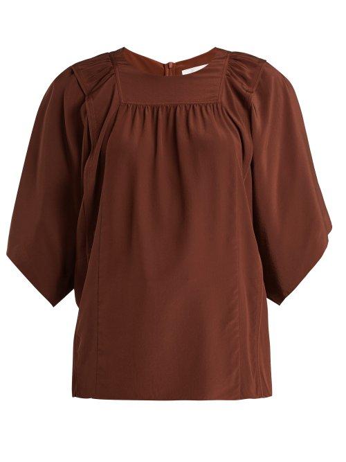 Matchesfashion.com Chlo - Square Bib Silk Crepe De Chine Blouse - Womens - Dark Brown