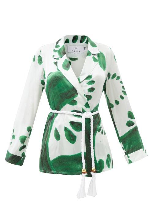Themis Z - Cord-belt Printed Silk-satin Belted Top - Womens - Green White