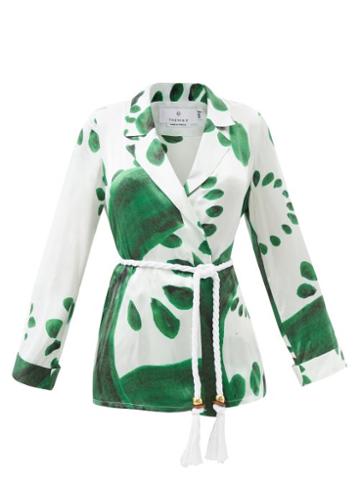 Themis Z - Cord-belt Printed Silk-satin Belted Top - Womens - Green White