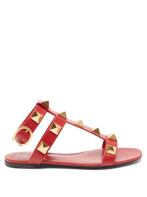 Valentino Garavani - Roman Stud Flat Leather Sandals - Womens - Burgundy