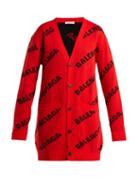 Matchesfashion.com Balenciaga - Logo Jacquard Virgin Wool Blend Cardigan - Womens - Red