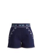 Matchesfashion.com Talitha - Embroidered High Rise Cotton Twill Shorts - Womens - Dark Blue