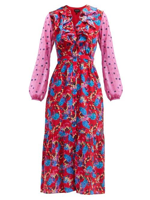 Matchesfashion.com Saloni - Ginny Hydrangea Print Silk Crepe Midi Dress - Womens - Red Multi