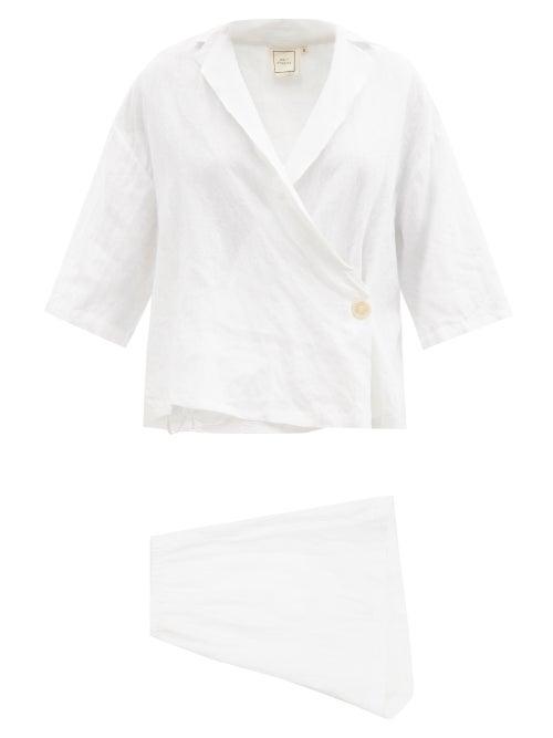 Deiji Studios - Asymmetric Short Linen Pyjamas - Womens - White