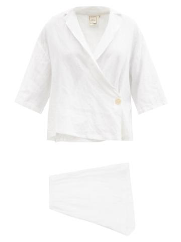 Deiji Studios - Asymmetric Short Linen Pyjamas - Womens - White