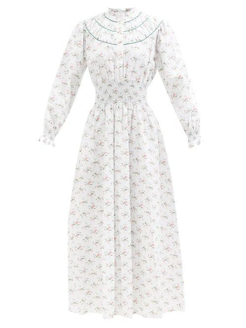 Loretta Caponi - Zaira Hand-smocked Floral-print Poplin Maxi Dress - Womens - Ivory Multi