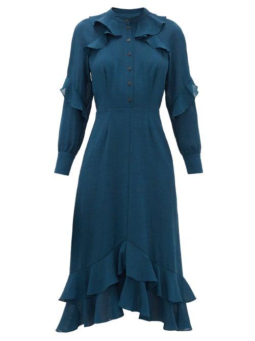 Matchesfashion.com Cefinn - Ruffle-trimmed Voile Midi Dress - Womens - Dark Green