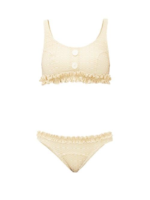 Matchesfashion.com Lisa Marie Fernandez - Colby Ruffled Metallic-seersucker Bikini - Womens - Cream Gold