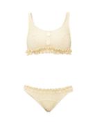 Matchesfashion.com Lisa Marie Fernandez - Colby Ruffled Metallic-seersucker Bikini - Womens - Cream Gold