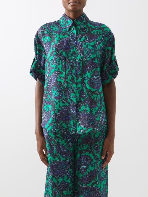 Zimmermann - Tiggy Paisley-print Silk Shirt - Womens - Navy Green
