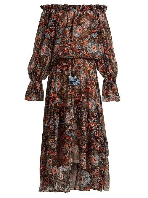 Matchesfashion.com Anjuna - Sofia Floral Print Off The Shoulder Dress - Womens - Black Multi