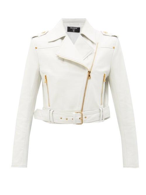 Balmain - Cropped Leather Biker Jacket - Womens - White