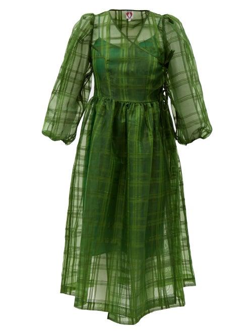 Matchesfashion.com Shrimps - Titania Puff-sleeve Organza Midi Dress - Womens - Dark Green