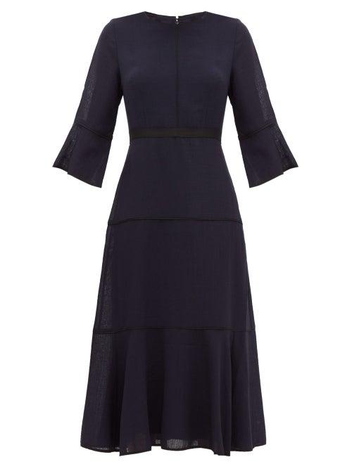 Matchesfashion.com Cefinn - Flared Cuff Panelled Muslin Midi Dress - Womens - Navy