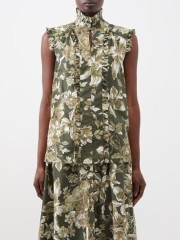 Erdem - Grant Ruffled Floral-print Cotton Blouse - Womens - Green Multi