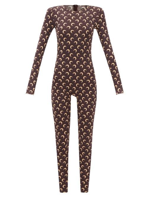 Marine Serre - Crescent Moon-print Jersey Jumpsuit - Womens - Brown Print