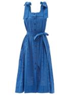 Matchesfashion.com Evi Grintela - Square-neck Broderie-anglaise Cotton Midi Dress - Womens - Blue