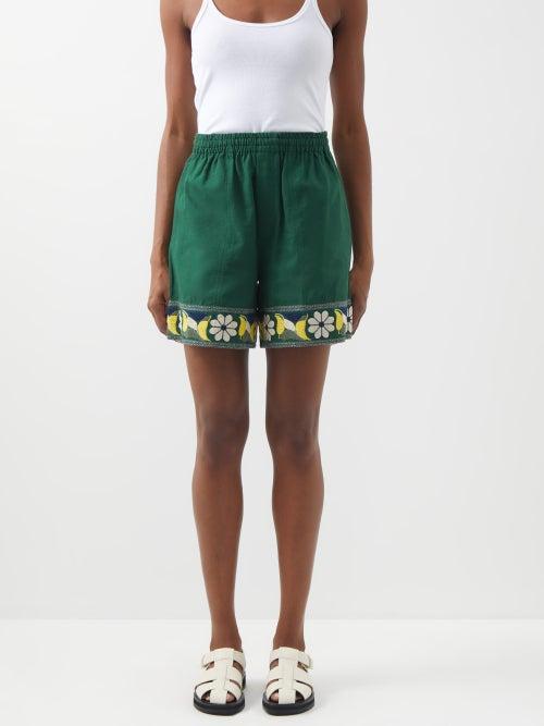 Bode - Zinnia Floral-embroidered Cotton Shorts - Womens - Green Multi