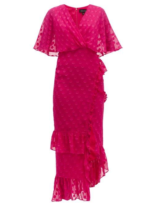 Matchesfashion.com Saloni - Rose Ruffled Polka Dot Silk Blend Dress - Womens - Pink