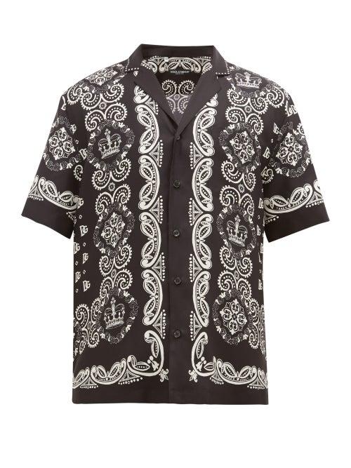 Matchesfashion.com Dolce & Gabbana - Bandana-print Cuban-collar Silk-faille Shirt - Mens - Black White