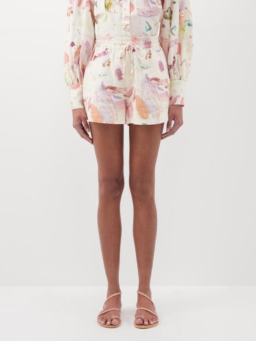 Ale Mais - Annie Impressionist-print Linen-voile Shorts - Womens - Ivory Multi